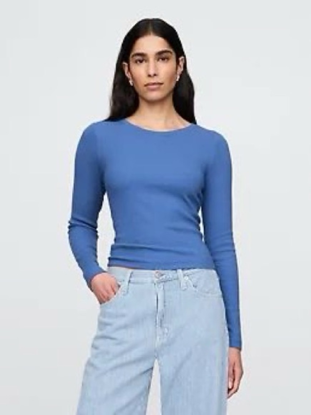 GAP Women's Long Sleeve Ribbed Crewneck Top Medium M Tall Blue